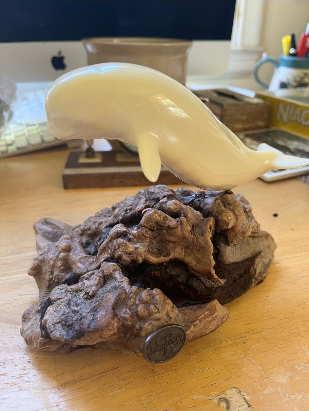 John Perry Cream Whale Sculpture on Driftwood Base